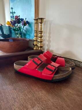 Birkenstock Arizona Patent Birko-Flor Sandals in Cherry Red